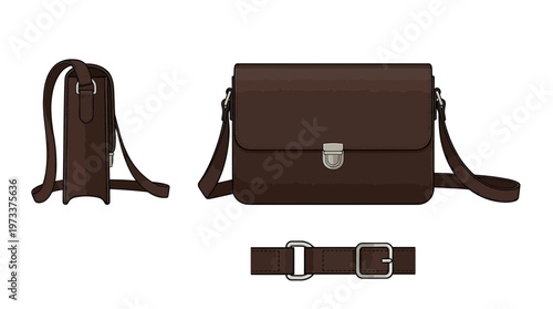 A stylish dark brown leather messenger bag shown from multiple angles, including a side view, front view, and a close-up of the strap.