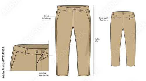 Detailed illustration of khaki chino trousers, showcasing front and back views with close-ups of waistband and pockets.