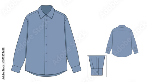 Flat fashion illustration of a classic blue long-sleeved button-down shirt, shown front and back views with a cuff detail.