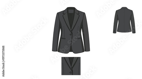 Detailed illustration of a classic dark grey women's blazer, front and back views, with a close-up of the lapel and button.