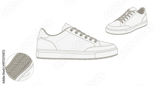 Fashionable white sneakers with laces and a detailed view of the sole pattern, presented on a white background.