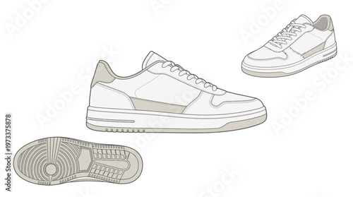 Clean line art illustration of a white leather sneaker shown from three different angles.