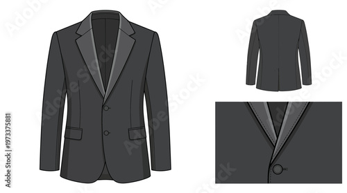 Flat fashion illustration of a classic black tuxedo jacket with satin lapels, shown front and back views with detail.