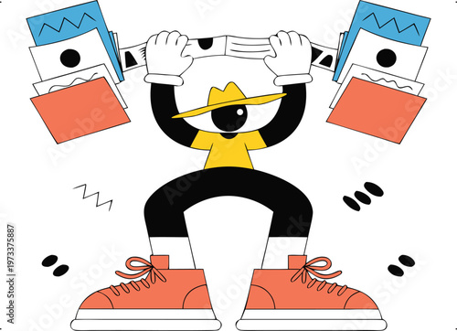 Strong character lifting heavy document folders, symbolizing data management and workload organization.