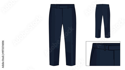 A pair of dark navy blue tailored trousers with a belt and a close-up view of the waistband.
