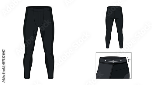 Black thermal leggings for men, shown from the front and back with a close-up of the waistband.