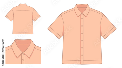 Flat fashion illustration of a short-sleeved collared shirt in a light peach color, shown from the front and back.
