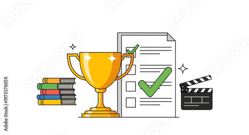 Vector Award Trophy with Checklist and Film Reel for Success and Achievement