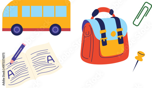 A colorful illustration of school supplies and transportation