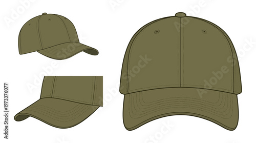 Collection of three green baseball caps and visors shown from different angles.