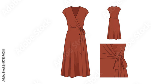 Elegant rust-colored wrap dress with short sleeves and a tie belt, shown from the front, back, and a close-up detail.