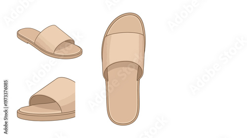 Set of three beige slide sandals shown from different angles, isolated on a white background.