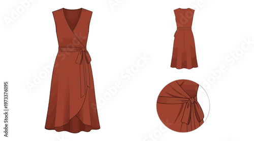 Elegant Sleeveless Rust Orange Wrap Dress with Tie Waist Detail.