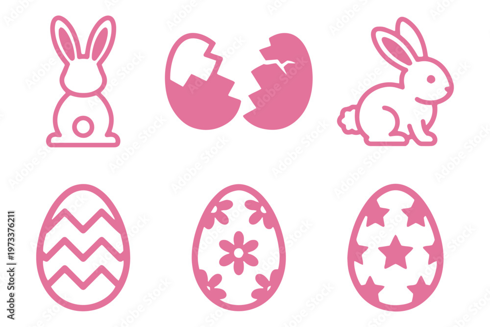 Fototapeta premium Collection of black silhouette vector icons representing various decorated easter eggs and holiday symbols. Easter Icon Set – Bunny Rabbit Silhouette, Cracked Egg Glyph, Decorated Outline Easter Eggs