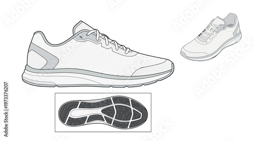 Detailed technical drawing of a modern athletic running shoe, including side view and sole.