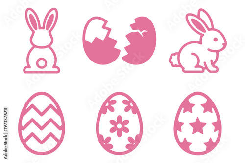 Collection of black silhouette vector icons representing various decorated easter eggs and holiday symbols. Easter Icon Set – Bunny Rabbit Silhouette, Cracked Egg Glyph, Decorated Outline Easter Eggs