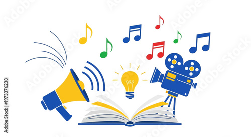 Creative Robot Studying Music and Ideas with Lightbulb Vector Illustration