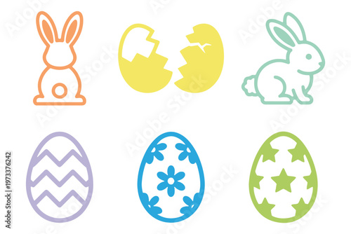 Collection of black silhouette vector icons representing various decorated easter eggs and holiday symbols. Easter Icon Set – Bunny Rabbit Silhouette, Cracked Egg Glyph, Decorated Outline Easter Eggs