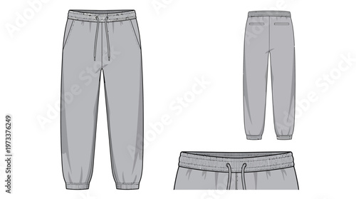Fashion flat sketch of grey sweatpants with drawstring and elastic cuffs, front and back views.