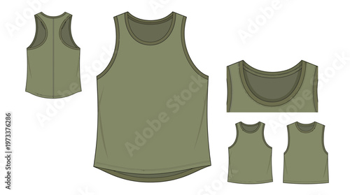 Flat technical sketch of a men's olive green tank top with front and back views, and detail close-ups.