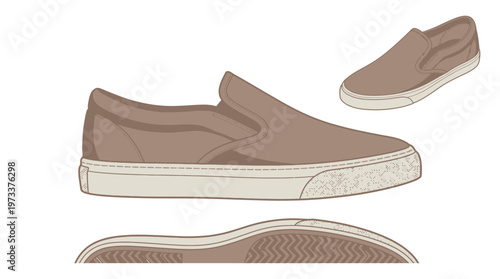 Illustration of a casual slip-on shoe shown from side, top, and sole views, presented in a neutral brown color.