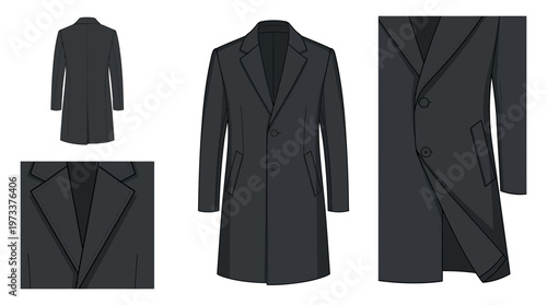 Detailed illustration of a classic dark grey men's wool coat, presented in multiple views and close-ups.
