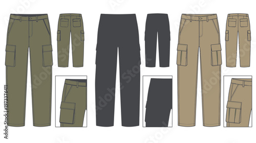 Flat technical sketches of cargo pants in three different colors: olive green, charcoal gray, and khaki.