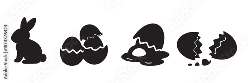 Cute Easter clip art set, vector bunny rabbit eggs and flowers vector silhouette shapes. Easter Glyph Icon Set – Sitting Bunny Rabbit, Hatching Chick Egg, Cracked Egg, Broken Egg Shell Solid Black