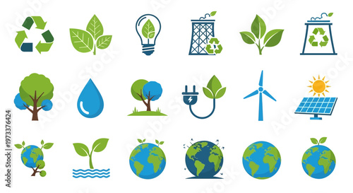 Sustainability and Renewable Energy Icon Set: Eco-Friendly Symbols for Solar, Wind, Recycling, and Global Green Initiatives