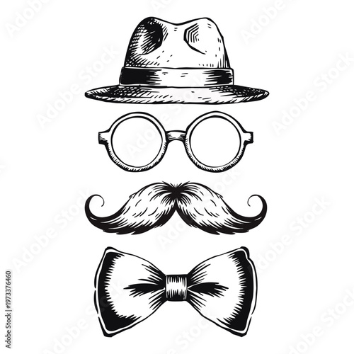 Vintage hipster gentleman set featuring a retro black silhouette of funny glasses, a mustache, and a cartoon hat in a vector illustration design.
