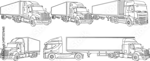 Semi truck outline set featuring cargo trailers and transport vehicles in detailed line art vector style for logistics, delivery, and transportation design projects