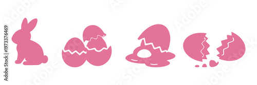 Cute Easter clip art set, vector bunny rabbit eggs and flowers vector silhouette shapes. Easter Glyph Icon Set – Sitting Bunny Rabbit, Hatching Chick Egg, Cracked Egg, Broken Egg Shell Solid Black
