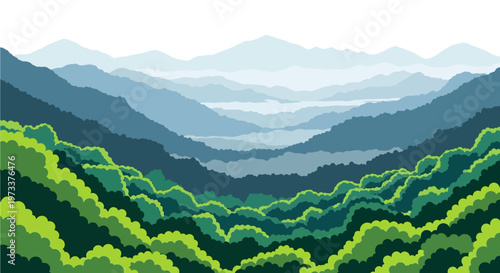Minimalist flat illustration of a lush green forest valley and misty mountain range landscape