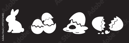 Cute Easter clip art set, vector bunny rabbit eggs and flowers vector silhouette shapes. Easter Glyph Icon Set – Sitting Bunny Rabbit, Hatching Chick Egg, Cracked Egg, Broken Egg Shell Solid Black
