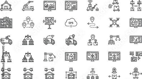 Smart factory and industrial automation line icon set featuring robotics, AI technology, IoT systems, manufacturing processes, logistics tracking and digital industry elements