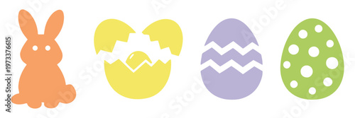 Vector easter icons set including rabbits eggs and floral elements in black and white. Easter Glyph Icon Set – Sitting Bunny Rabbit, Cracked Egg, Chevron Decorated Egg, Polka Dot Egg Solid Black icons