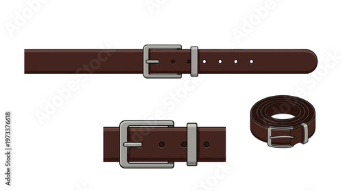 A brown leather belt with a silver buckle, shown in three different states: fully extended, buckled, and rolled up.