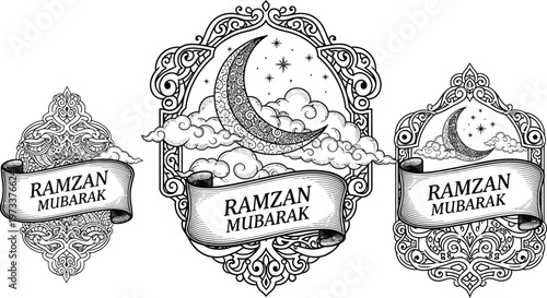 Ornate decorative frames with crescent moon and stars herald Ramzan Mubarak for Islamic festive celebrations and religious greetings.