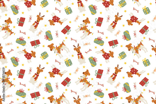 Cute seamless Christmas pattern with dogs, gifts, stars and festive decorations, winter holiday background for wrapping paper and textile design