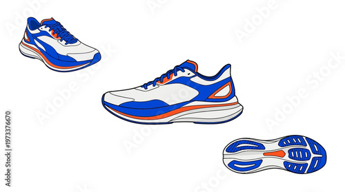Illustration of a modern running shoe from multiple angles, showcasing its design and sole.