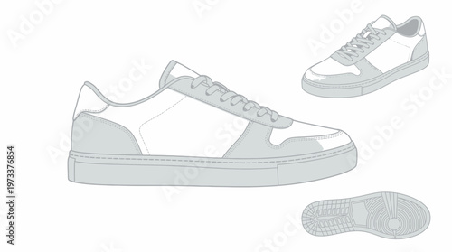 Fashionable white sneaker design with multiple views including side, top, and sole.