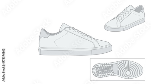 Clean white leather sneakers, presented as a side view, a top view, and a sole illustration.