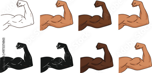 Strong Arm Muscle Illustration Set Featuring Flexed Biceps in Different Skin Tones, Strength Symbol Icons, and Fitness Bodybuilding Elements in Flat Design Style