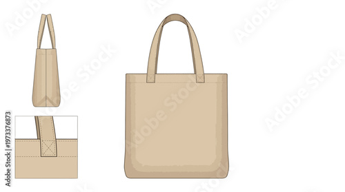 Simple beige tote bag shown from front, side, and detail views on a white background.
