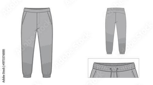 Flat lay illustration of grey sweatpants with a drawstring waistband and cuffed ankles, presented in front and back views with a close-up detail.