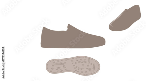 Illustration of a simple brown slip-on shoe, its sole, and a top-down view of the shoe on a white background.