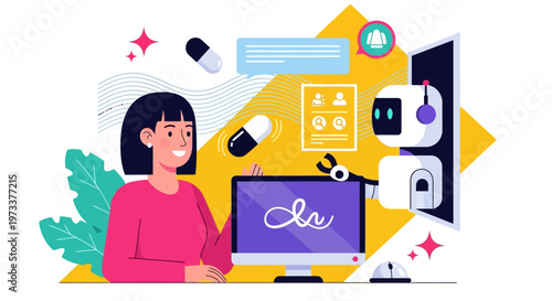 AI Robot Assistant in Healthcare Illustration: Woman Interacting with Medical Bot for Prescription, Pharmacy Automation, and Digital Wellness Advice