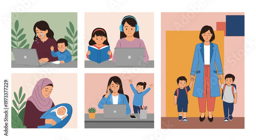 Set of illustrations depicting working mothers balancing career and family life, including remote work, childcare, emotional stress, and daily routines.