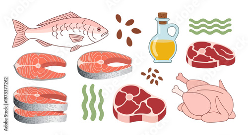 Healthy High-Protein Food Icons Set with Salmon, Beef, Chicken, Olive Oil, and Seeds. Flat Vector Illustration for Nutrition, Keto, and Balanced Diet Concepts.
