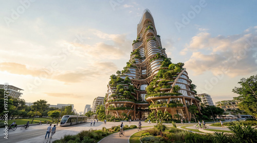 A futuristic organically shaped skyscraper covered in lush greenery is surrounded by a modern cityscape